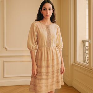 VTG Embroidered Chiffon Dress Romantic Feminine Boho Prairie Babydoll 70s 80s